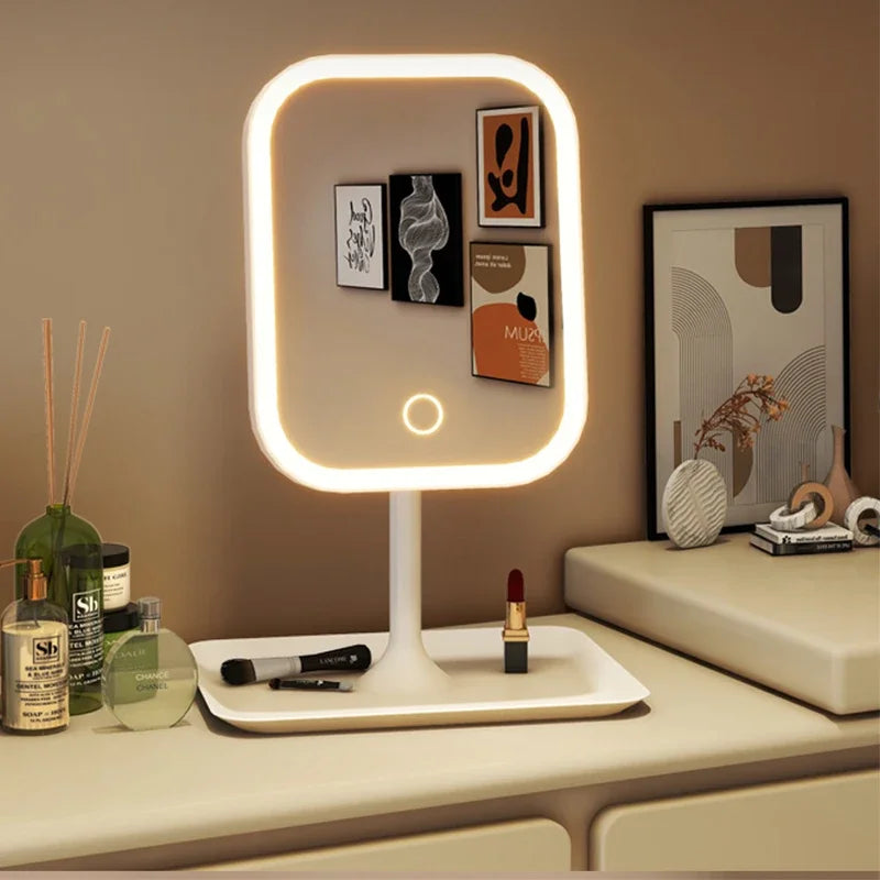 Miroir Vanity LED Ovale - 3 Lumières Tactiles + Base de Bureau Rechargeable