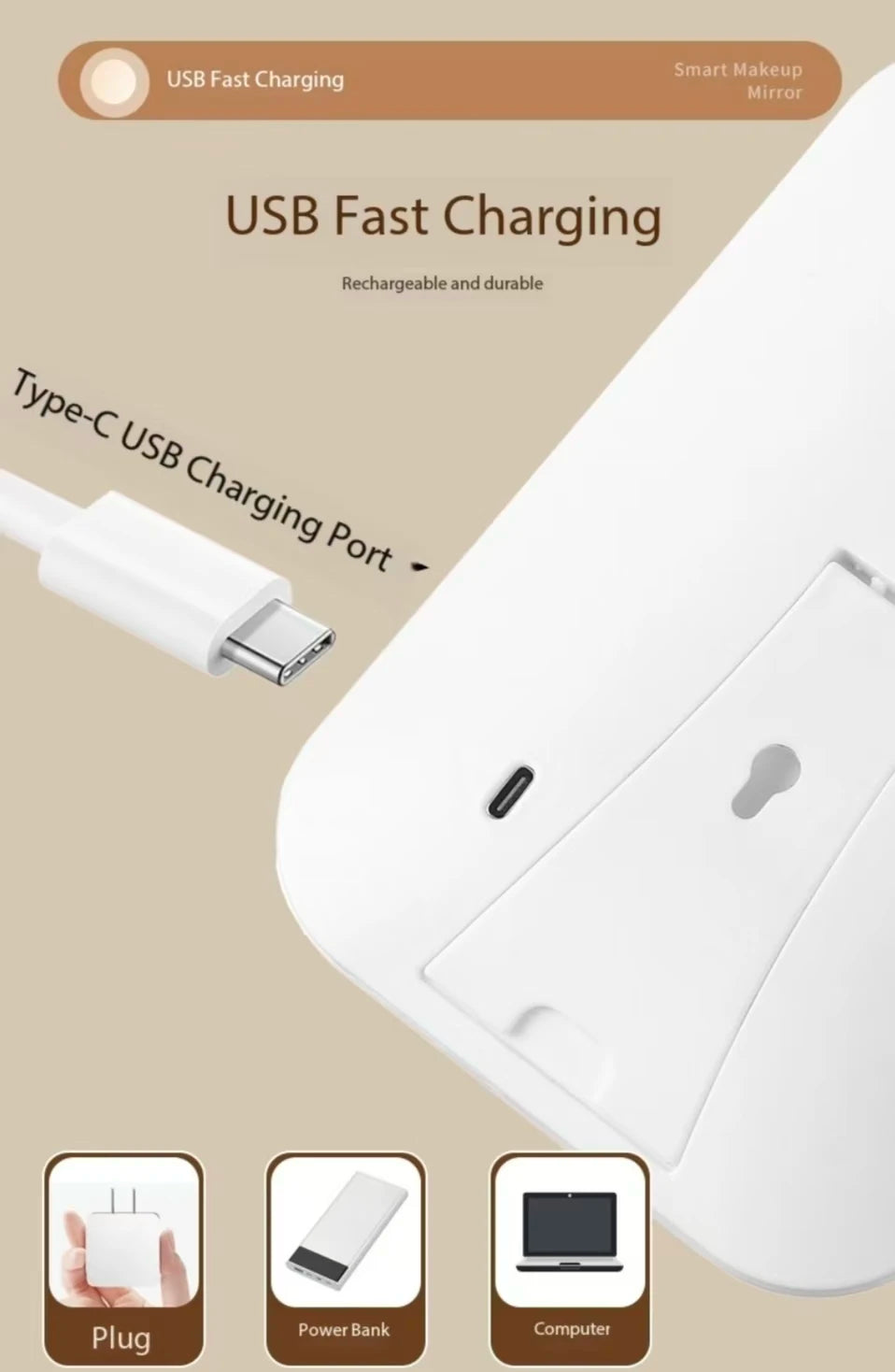 Miroir Maquillage LED Pliable - Écran Tactile + 3 Lumières USB Rechargeable
