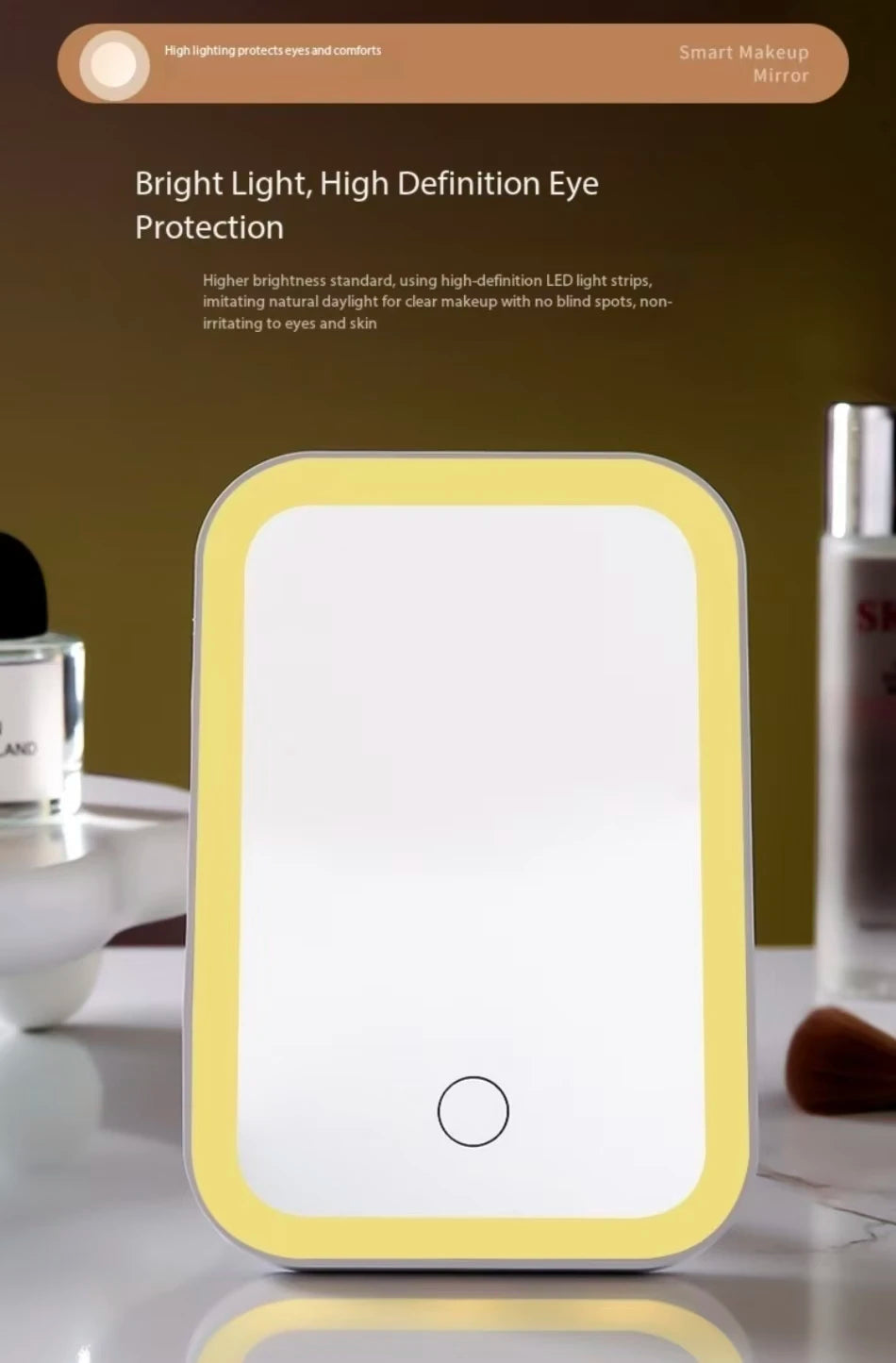 Miroir Maquillage LED Pliable - Écran Tactile + 3 Lumières USB Rechargeable