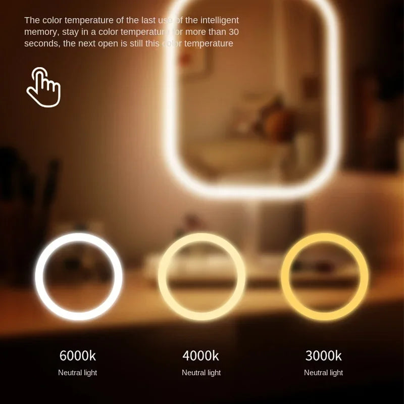 Miroir Vanity LED Ovale - 3 Lumières Tactiles + Base de Bureau Rechargeable