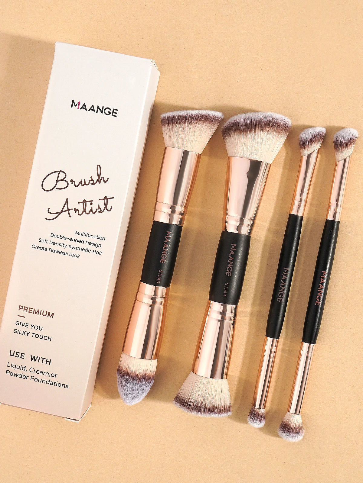 Set de 4 Pinceaux Maquillage Pro - Fond de Teint + Blush + Fard + Étui Voyage