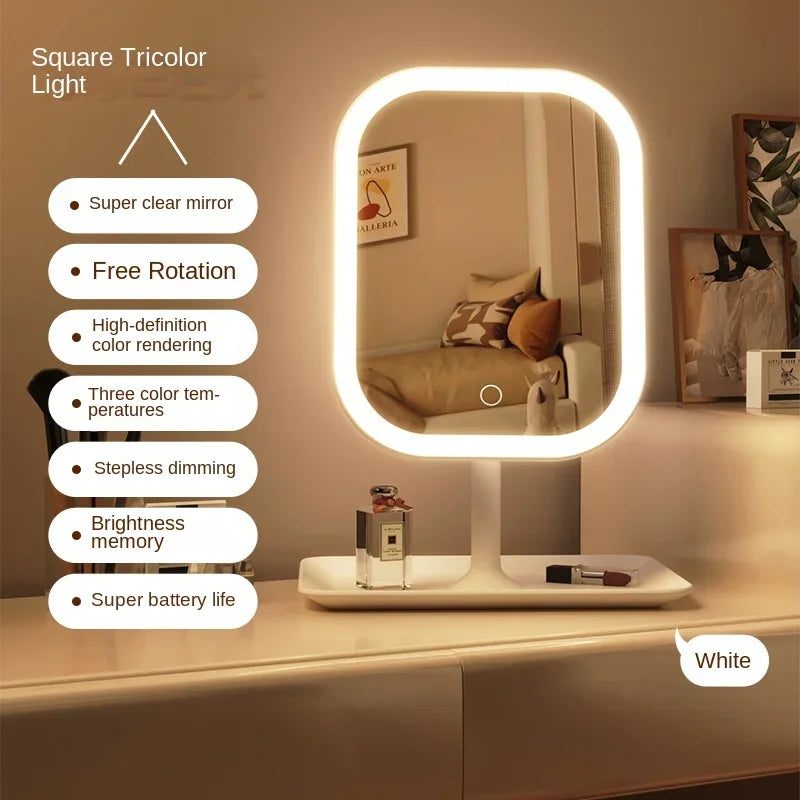 Miroir Vanity LED Ovale - 3 Lumières Tactiles + Base de Bureau Rechargeable