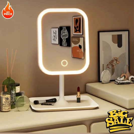 Miroir Vanity LED Ovale - 3 Lumières Tactiles + Base de Bureau Rechargeable