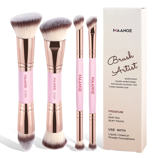 Set de 4 Pinceaux Maquillage Pro - Fond de Teint + Blush + Fard + Étui Voyage