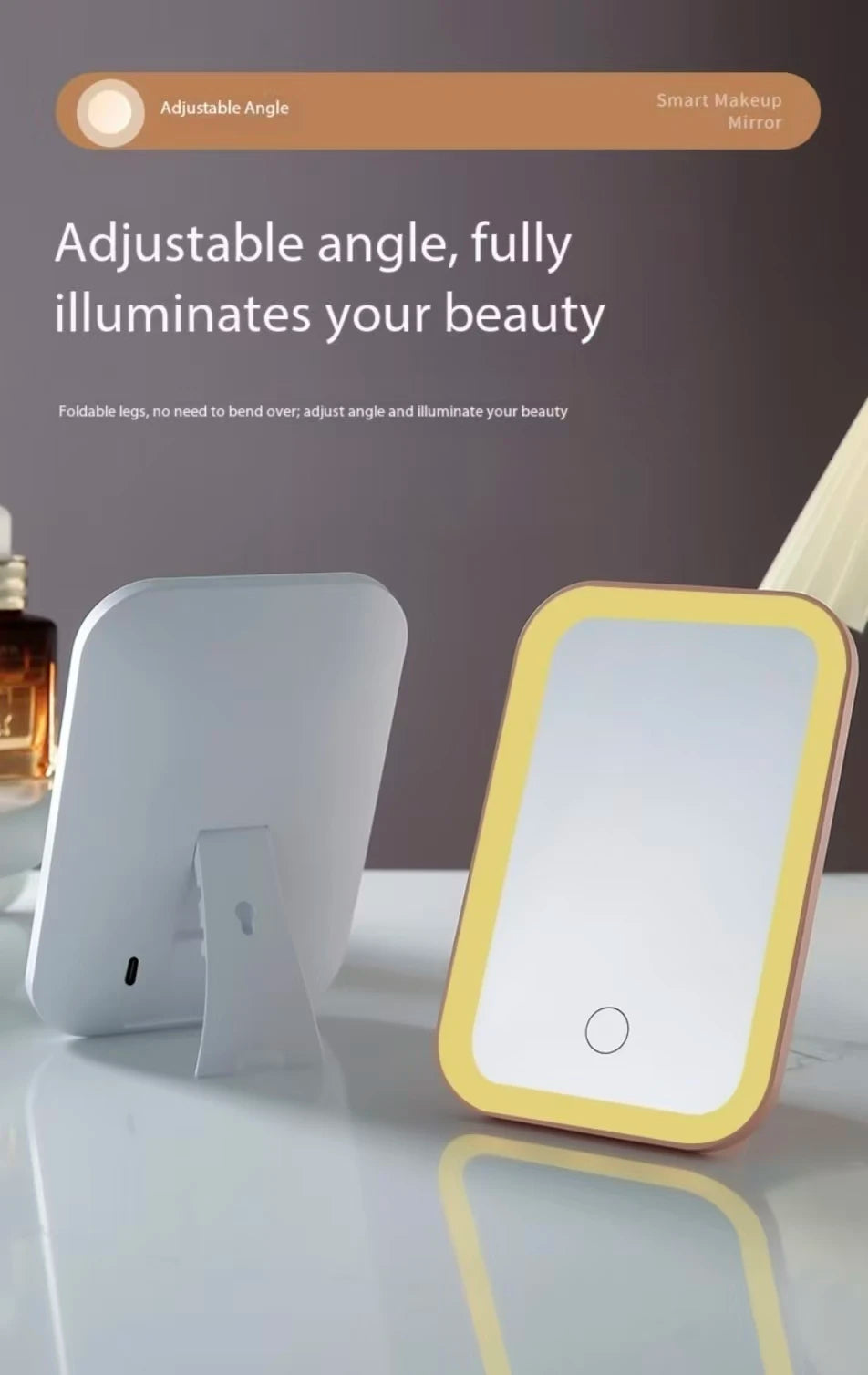 Miroir Maquillage LED Pliable - Écran Tactile + 3 Lumières USB Rechargeable