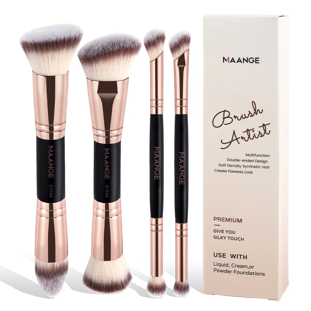 Set de 4 Pinceaux Maquillage Pro - Fond de Teint + Blush + Fard + Étui Voyage