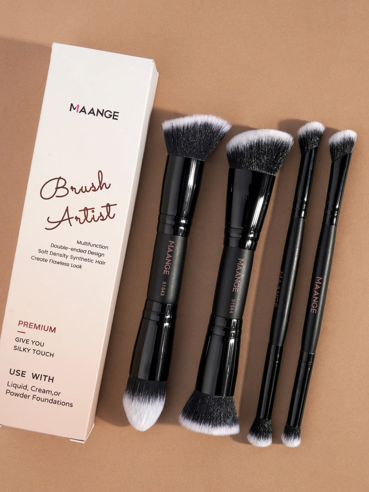 Set de 4 Pinceaux Maquillage Pro - Fond de Teint + Blush + Fard + Étui Voyage