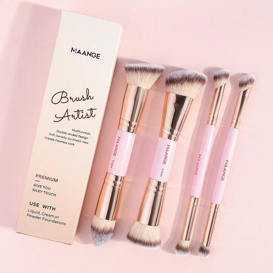 Set de 4 Pinceaux Maquillage Pro - Fond de Teint + Blush + Fard + Étui Voyage